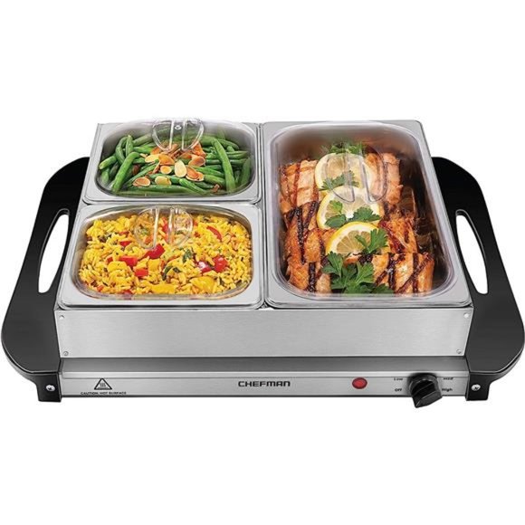 Electric Buffet Server 3 Chafing Dishes, Hot Plate , 14" x 14" , Stainless Steel
